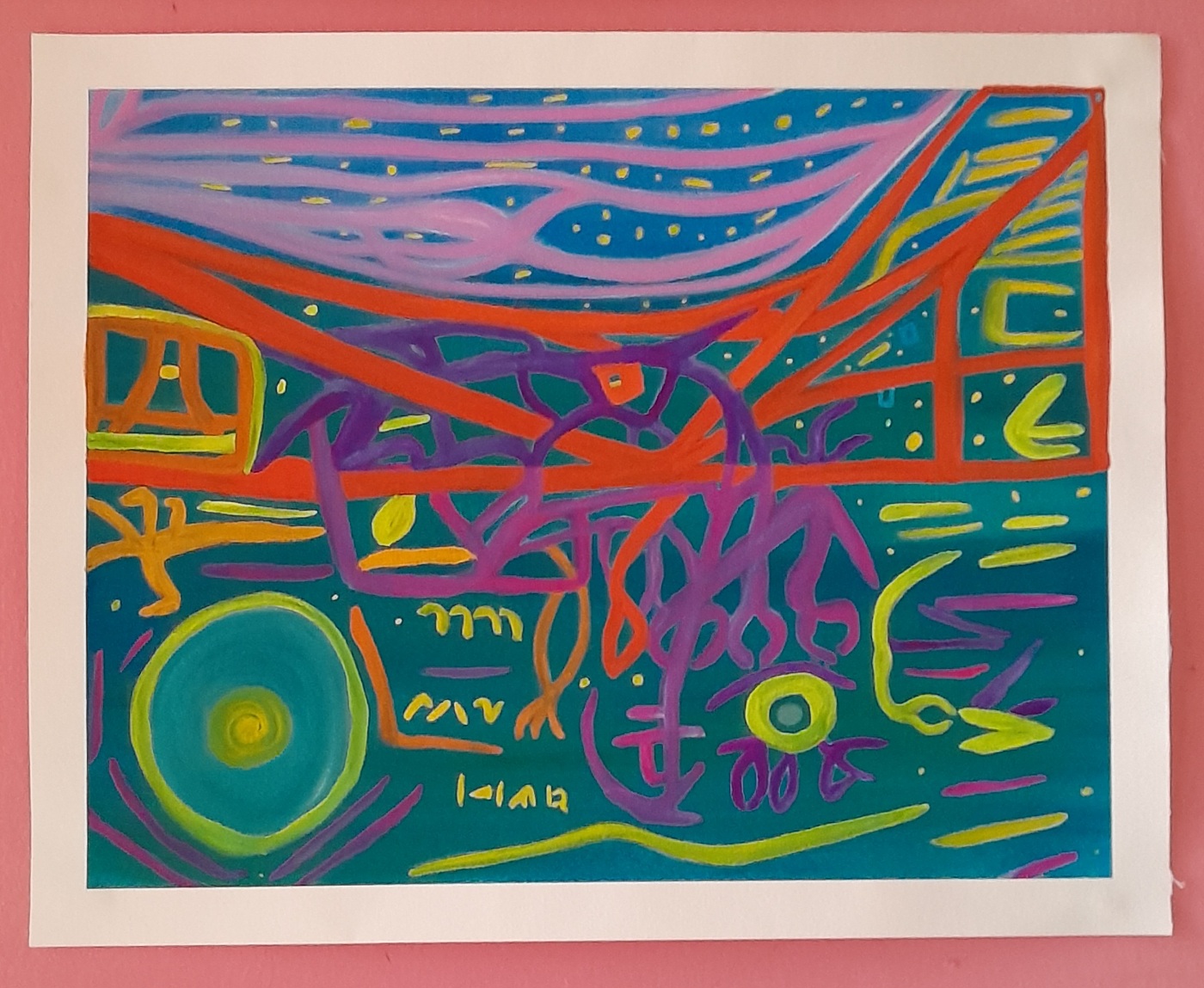 An abstract painting in red, orange, indigo, green, yellow, and pink. The picture has a feeling of plant like movement and also the sea.