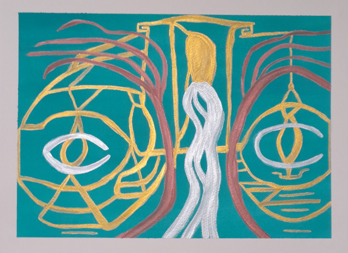 Abstract painting in blue, copper, gold, and silver. The shapes remind me of scales, cobwebs, angels, and sea creatures