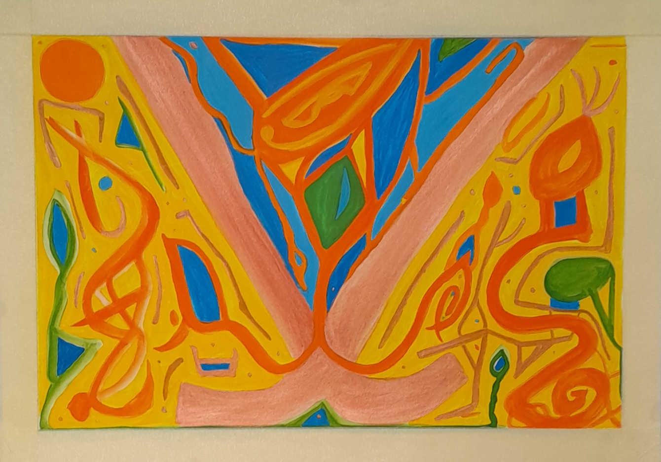 Abstract painting in yellow, copper, green, orange, and blue. Gives the feeling of warmth and growth.