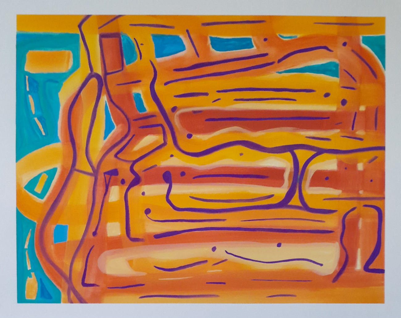 Abstract painting in orange, blue, purple, yellow, and gold. Brings a feeling of warmth and space.