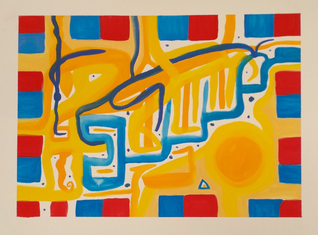 Abstract painting in red, blue, and yellow. Some of the lines look like vines hanging over ancient ruins. Has a jungle vibe.