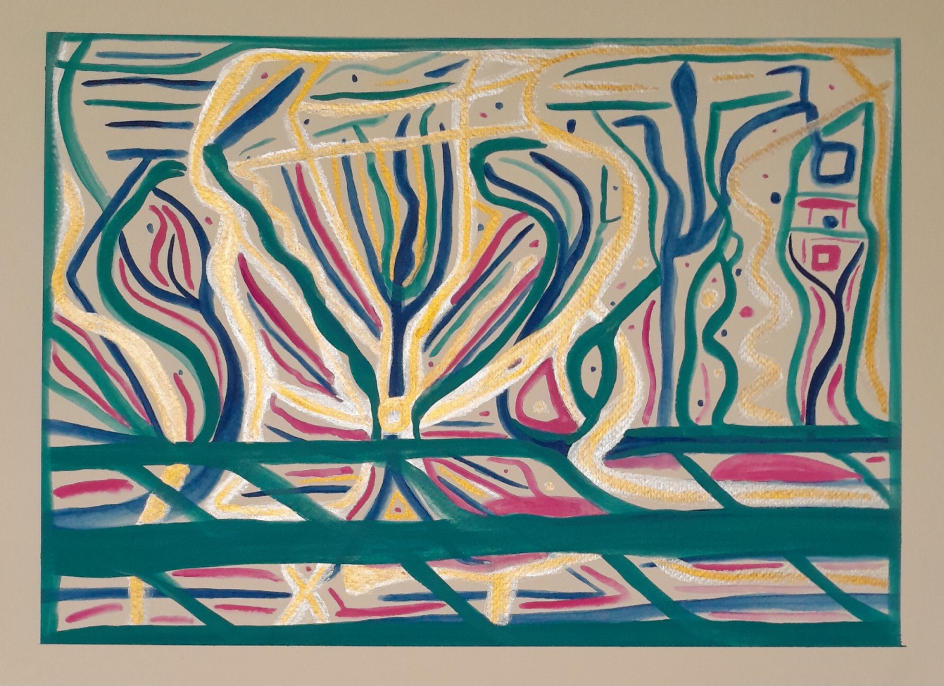 Abstract painting in green, gold, silver, violet, and blue. Wavy lines gove the feeling of energy rising.