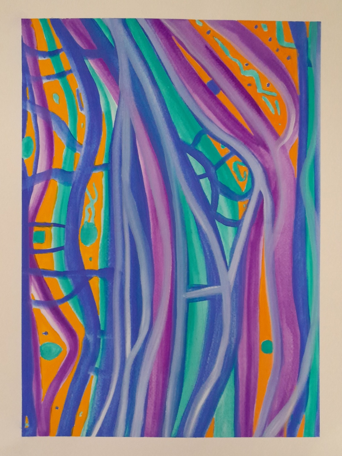 Abstract painting in orange, violet, yellow, blue, and green. The lines interconnect like plant growth, and gives the feeling of an underwater scene or the inner workings of a body.