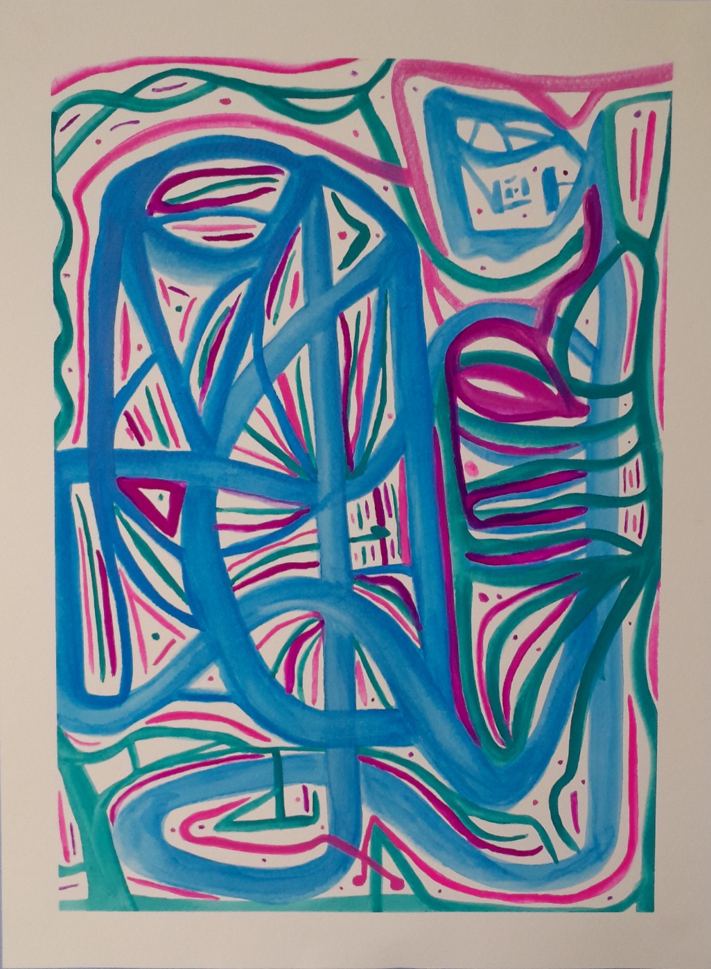 Abstract painting in blue, green, pink, and violet. The interlocking lines bring a feeling of movement, almost like blood vessels.