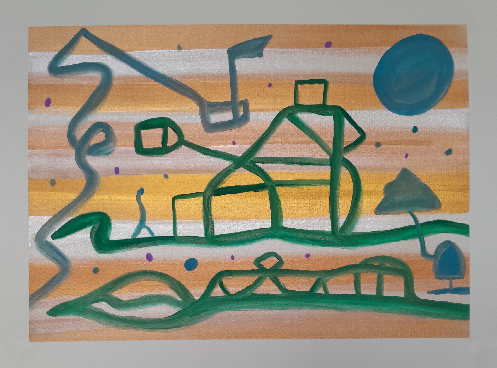 Abstract image in copper, gold, silver, green, blue, and small dots of violet. Makes me think of a construction site or and earthworks