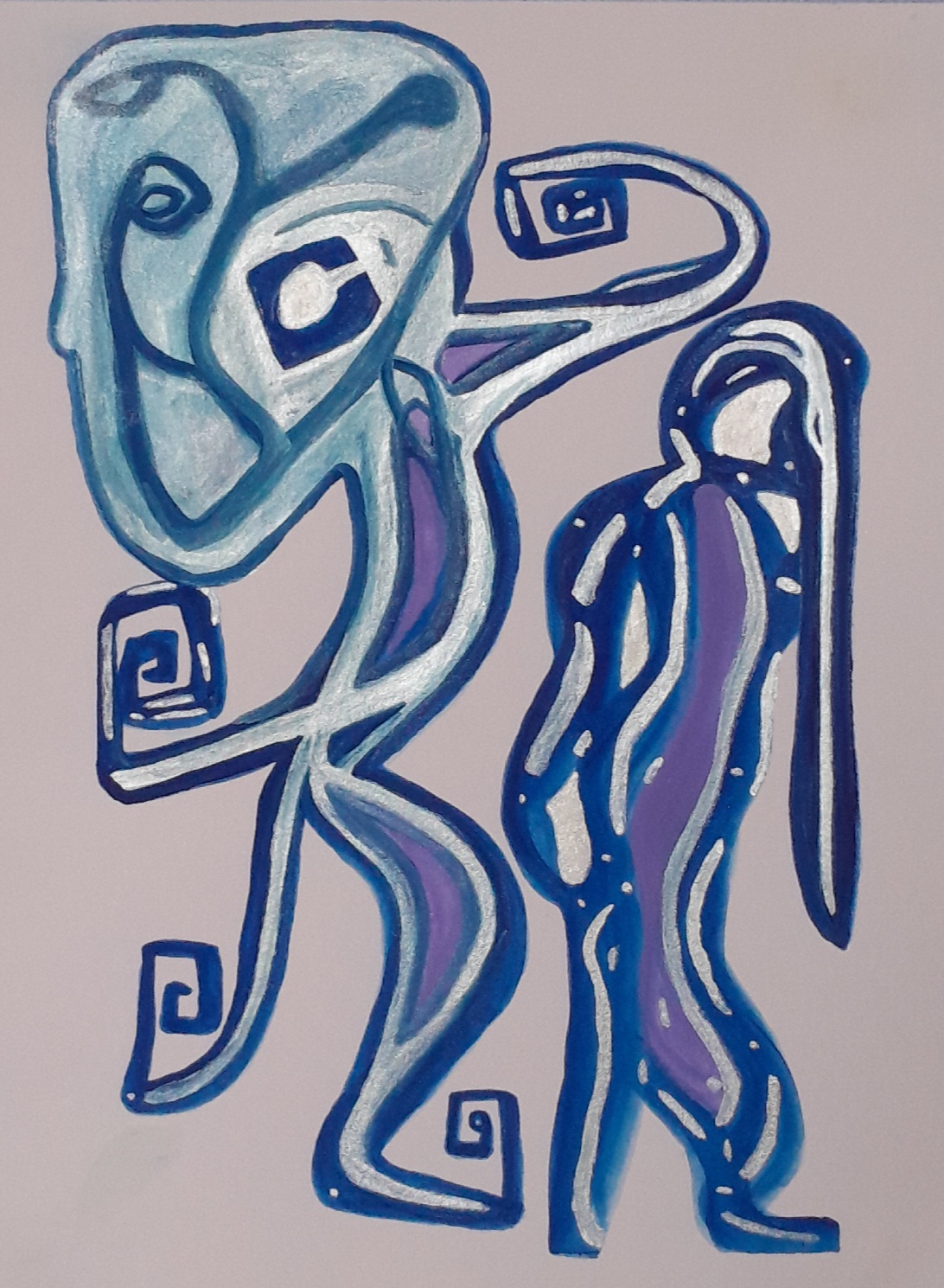 Abstract painting in blue, violet, and silver, with knotwork and a robot human steampunk vibe.