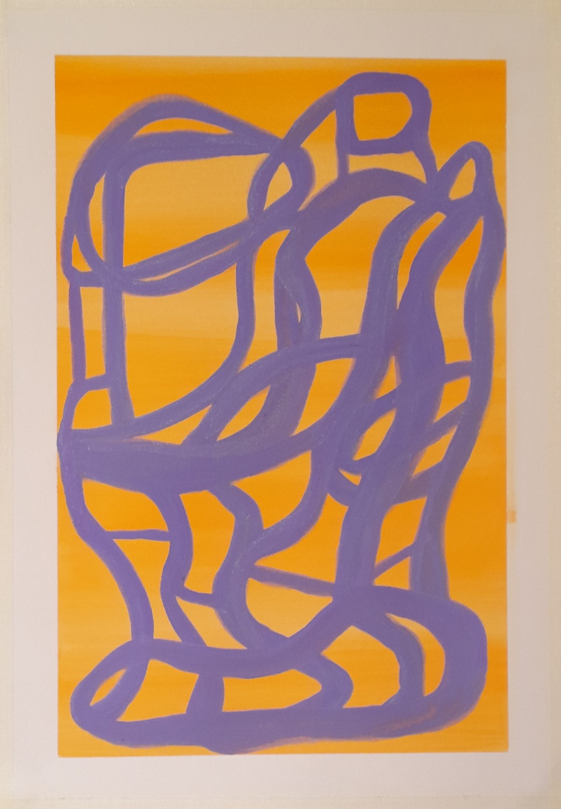 Painting in gouache. Violet lines knot and entwine over orange yellow background like an abstract sculpture.