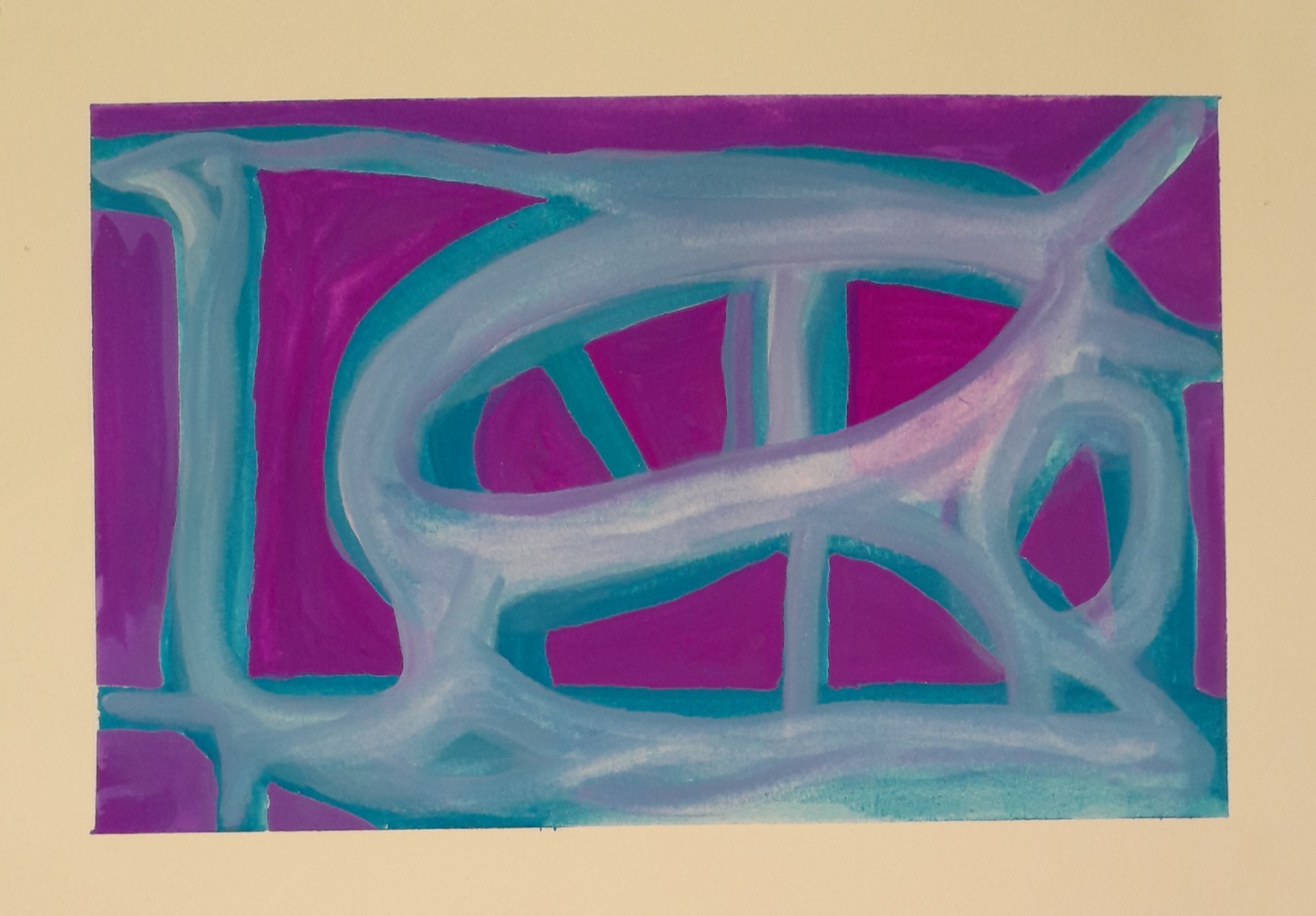 Abstract painting. Light blue lines over violet. Reminds me of a sculpture