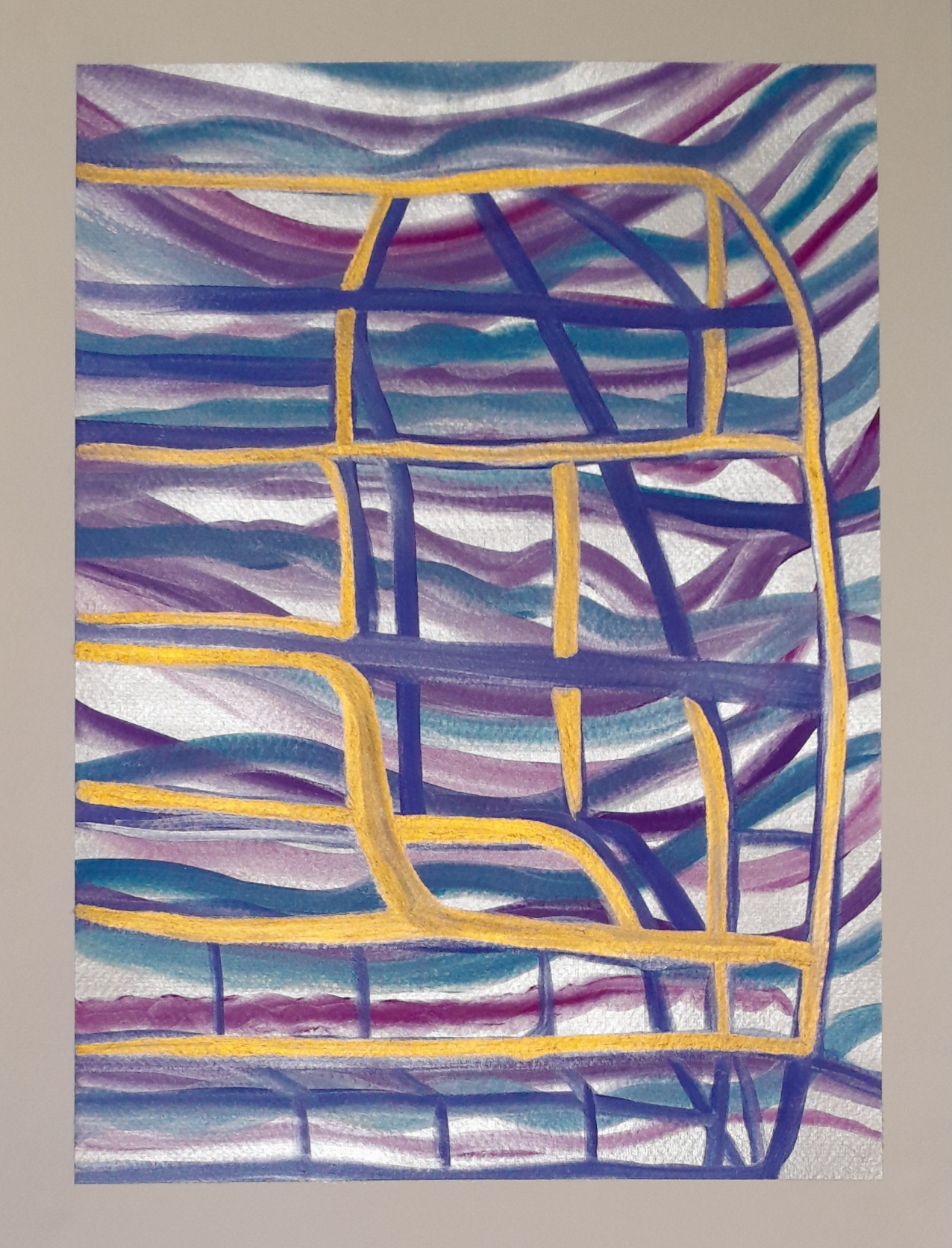 Abstract painting in gold, silver, indigo and violet. The gold lines make me think of the side profile of a spiritual warrior. The wavy lines in the background feel like stormy skies.
