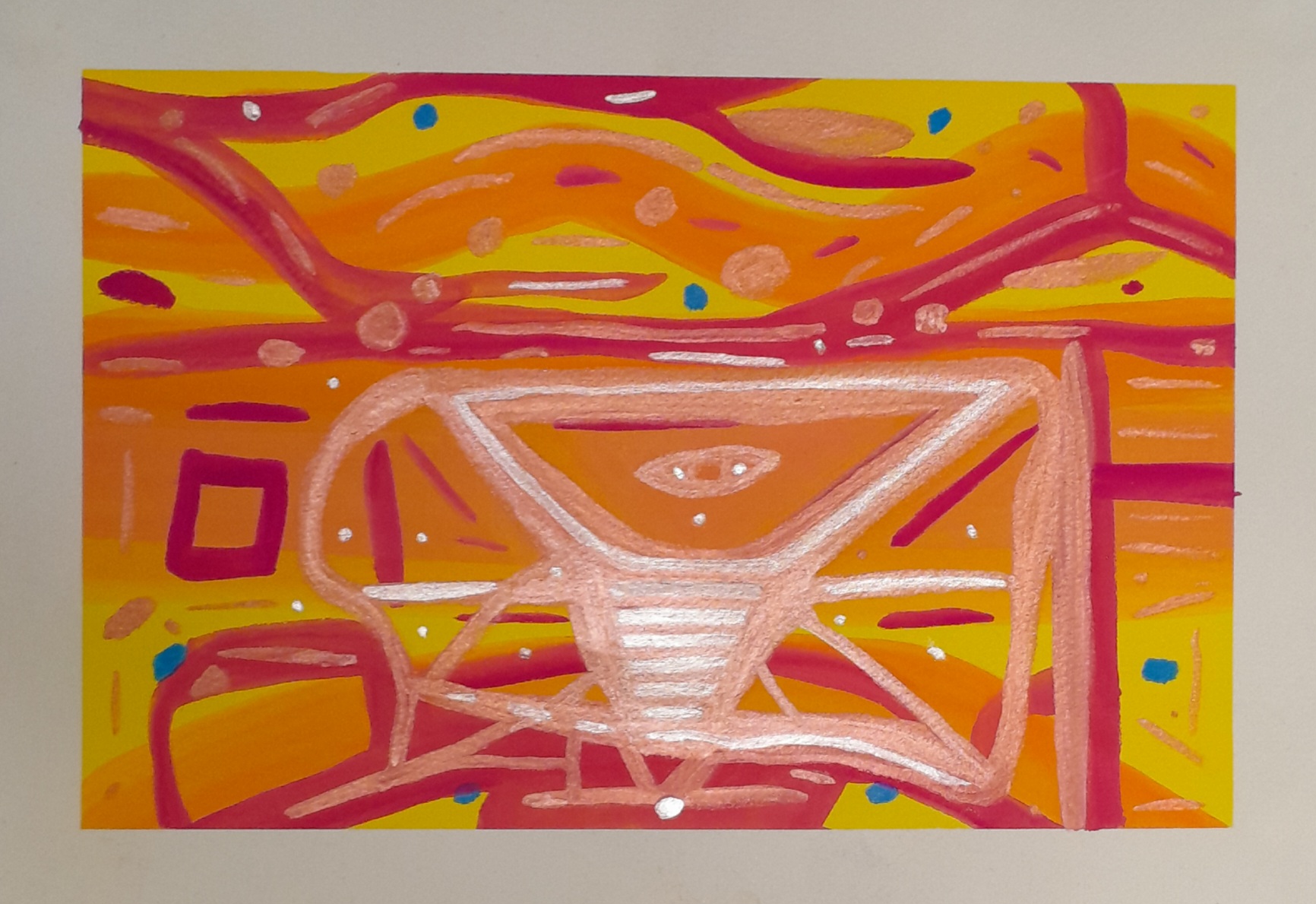 Abstract painting in red, orange, yellow, copper, blue, and silver. Gives me a sc-fi feel, almost like the pilot seat of a spaceship or is it a robot?