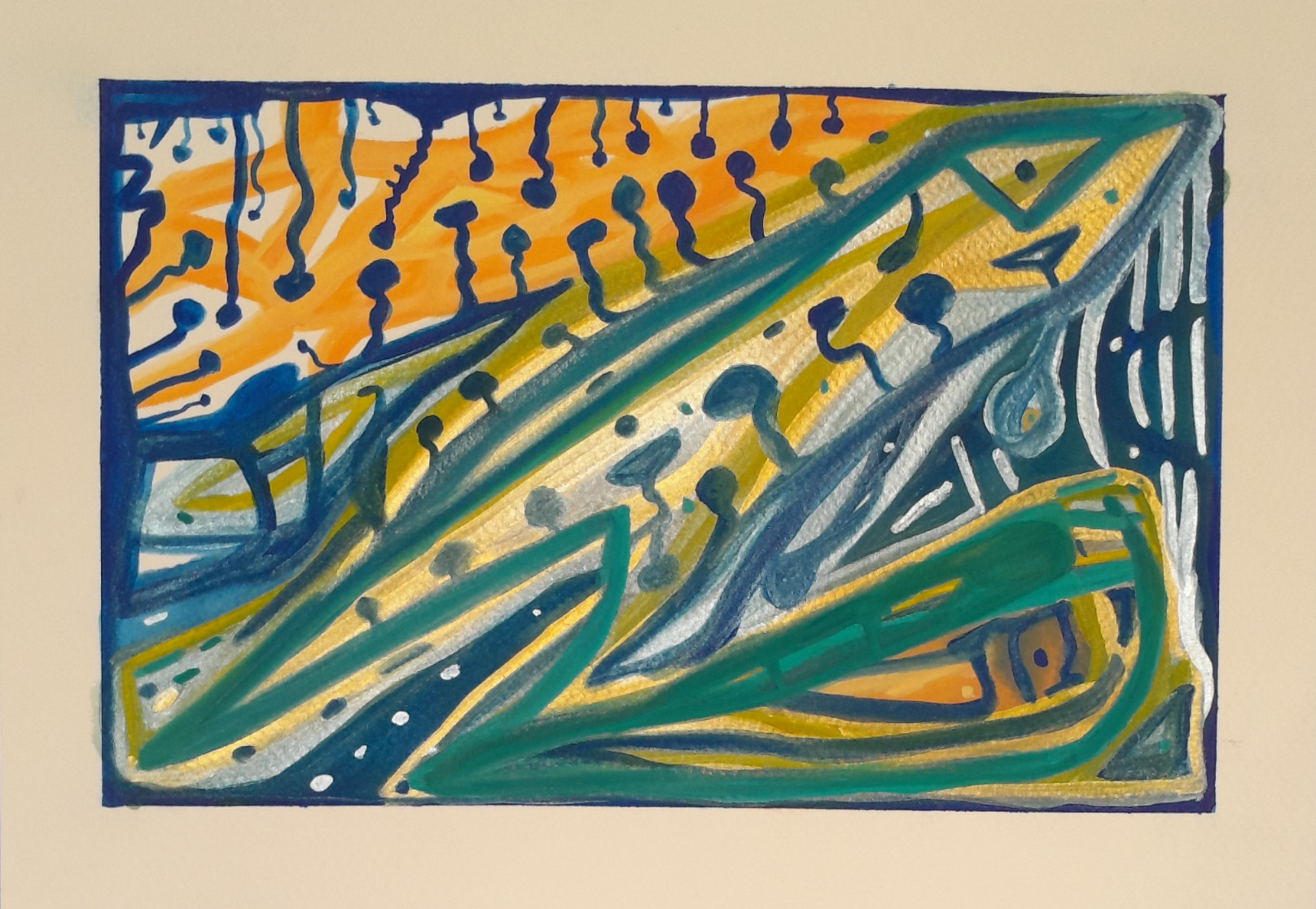 Abstract painting in green, gold, blue, orange, and silver. Looks almost mechanical, has an angler fish vibe, and what appear to be glue spots on stalks.