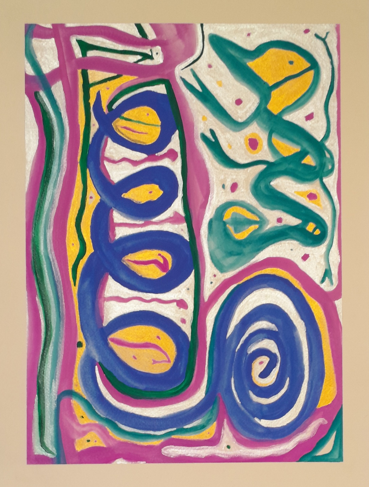 Abstract painting. Decorative moving lines in gold, green, silver, violet, yellow, and blue.
