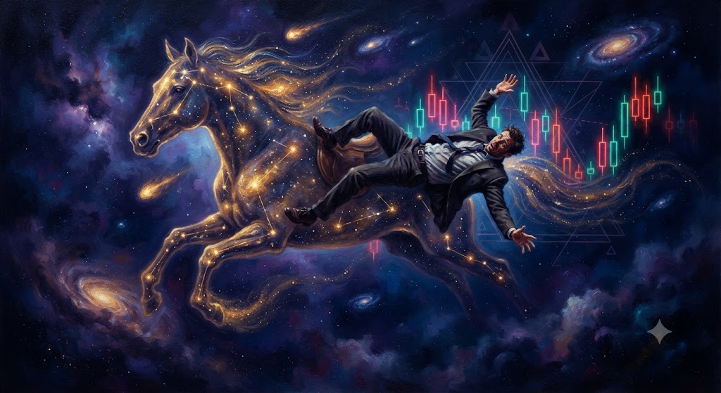 Digital art of a glowing star constellation racehorse in deep space with a panicked trader jockey falling off its back.