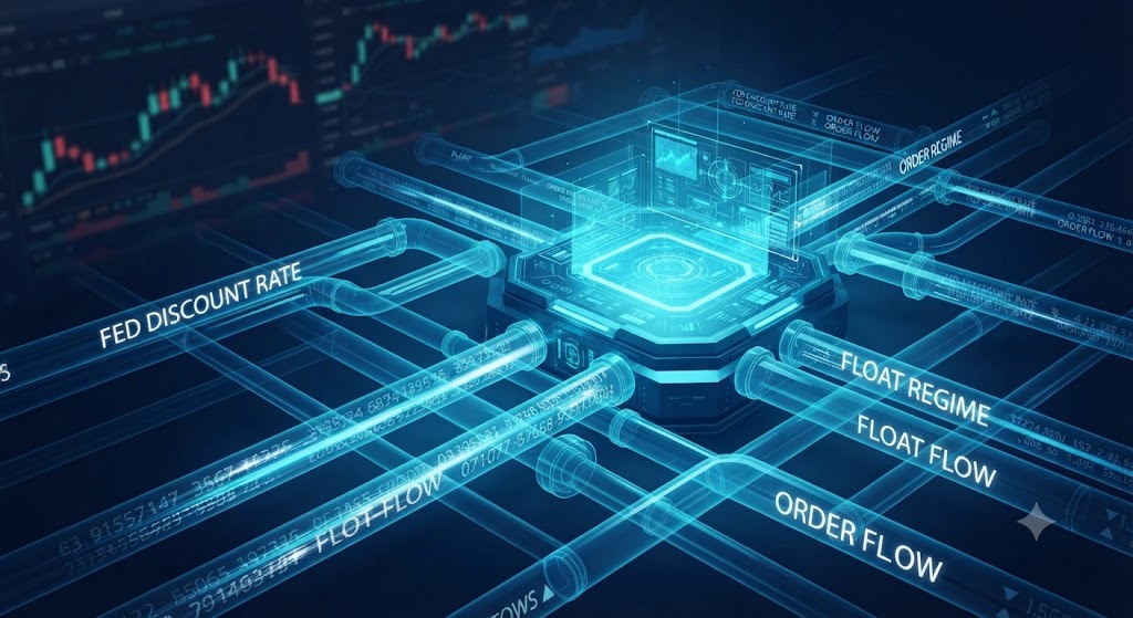 Digital art depicting the inner plumbing of financial markets as a glowing blue grid of pipelines and interconnected conduits