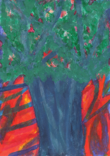 A tree with a blue trunk with red flames in the background and smoke choking the leaves