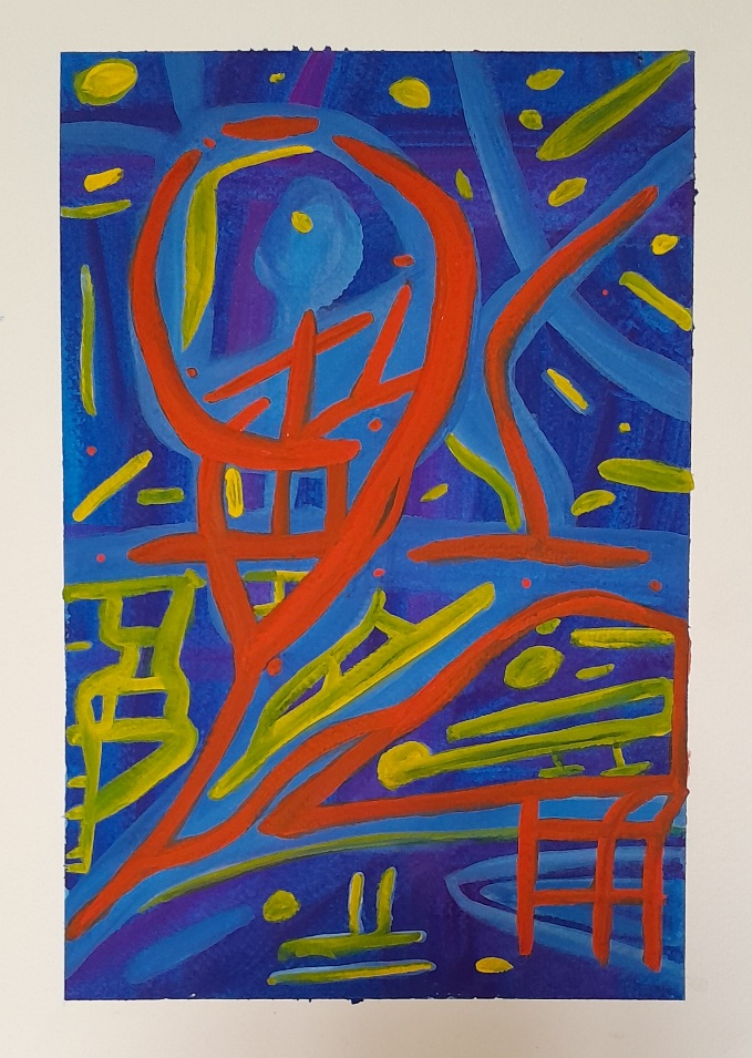 Abstract painting in blue, red, and yellow