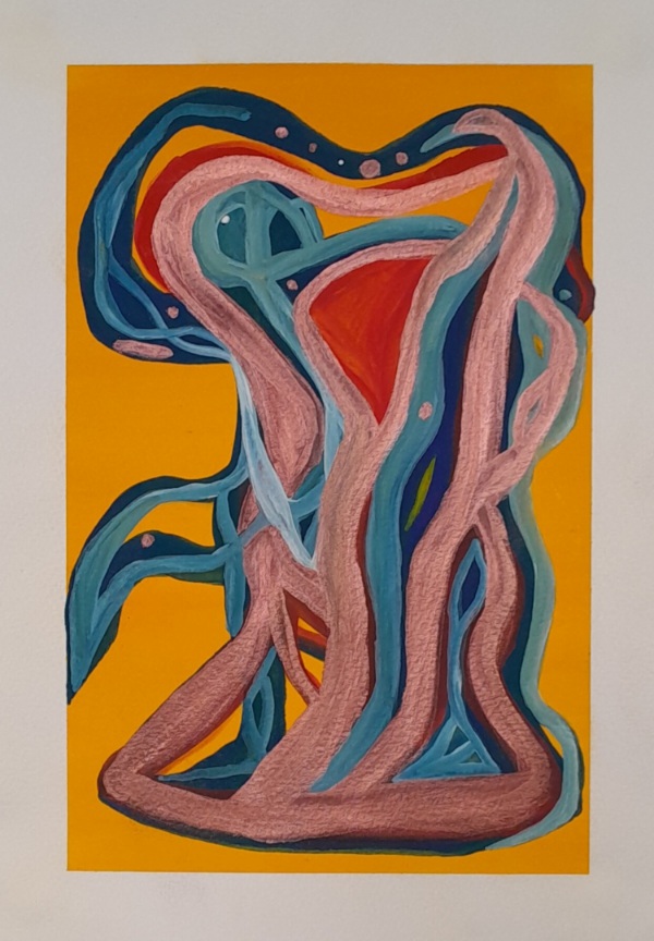 Abstract painting in copper, red, blue, and deep yellow