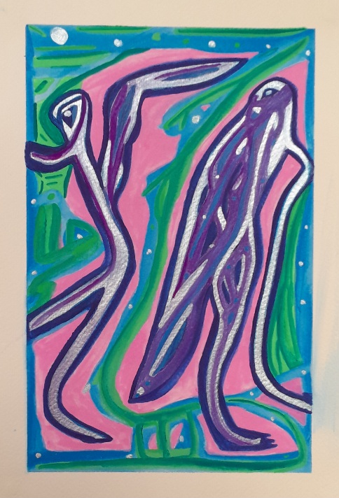 Abstract painting in green, blue, silver, punk, and green. Makes me think of insects.