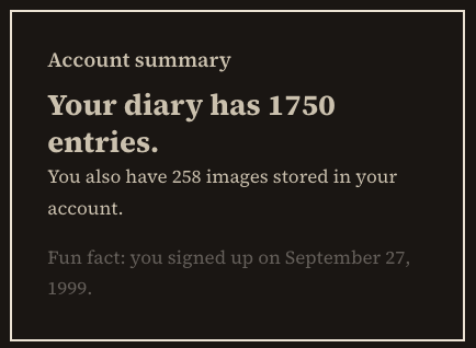 Online poster statement for the number of entries in an historic Diaryland diary = 1750 entries