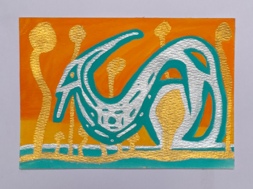 An abstract painting in gold, silver, tourquise, orange and yellow. Has an otherworldly feel to it.