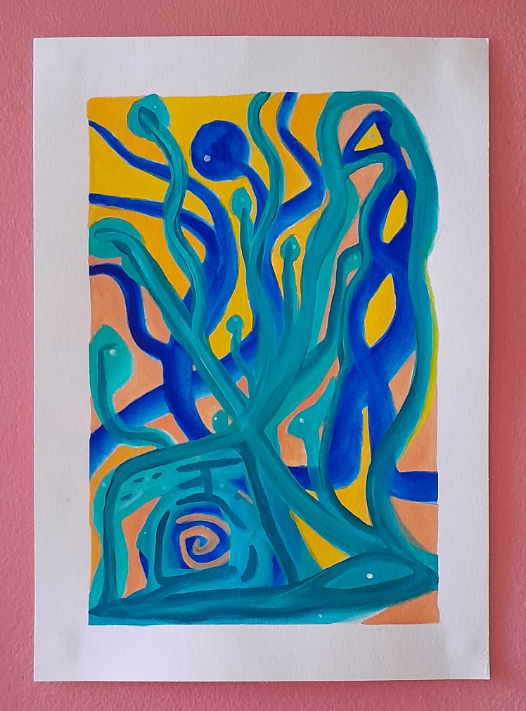 Abstract painting in green, blue, and yellow. Makes me think of plant growth.
