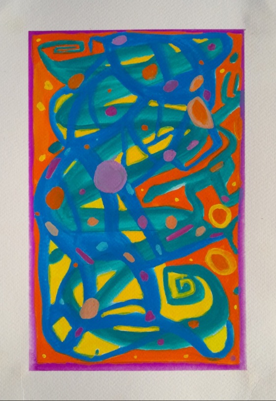 Abstract painting in red, blue, and yellow. Makes me think of a red dragon.