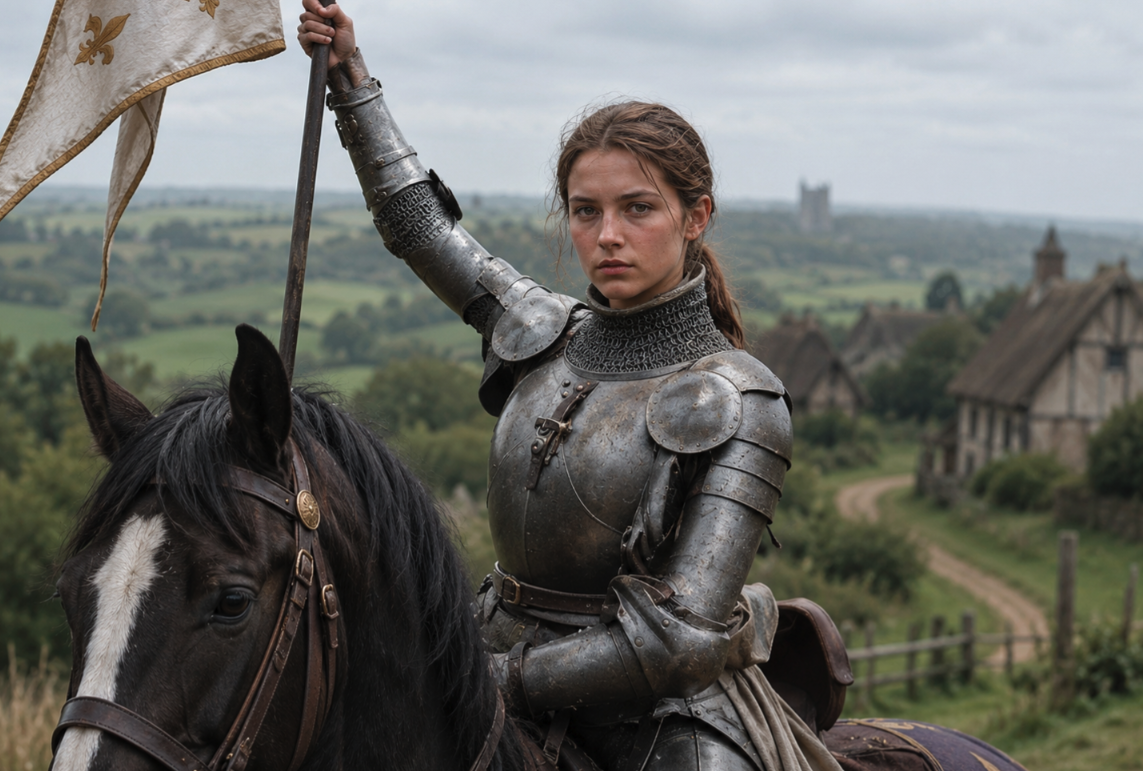 Jean d'Arc reimagined using AI prompts and a photo of a museum maquette for a museum statue.