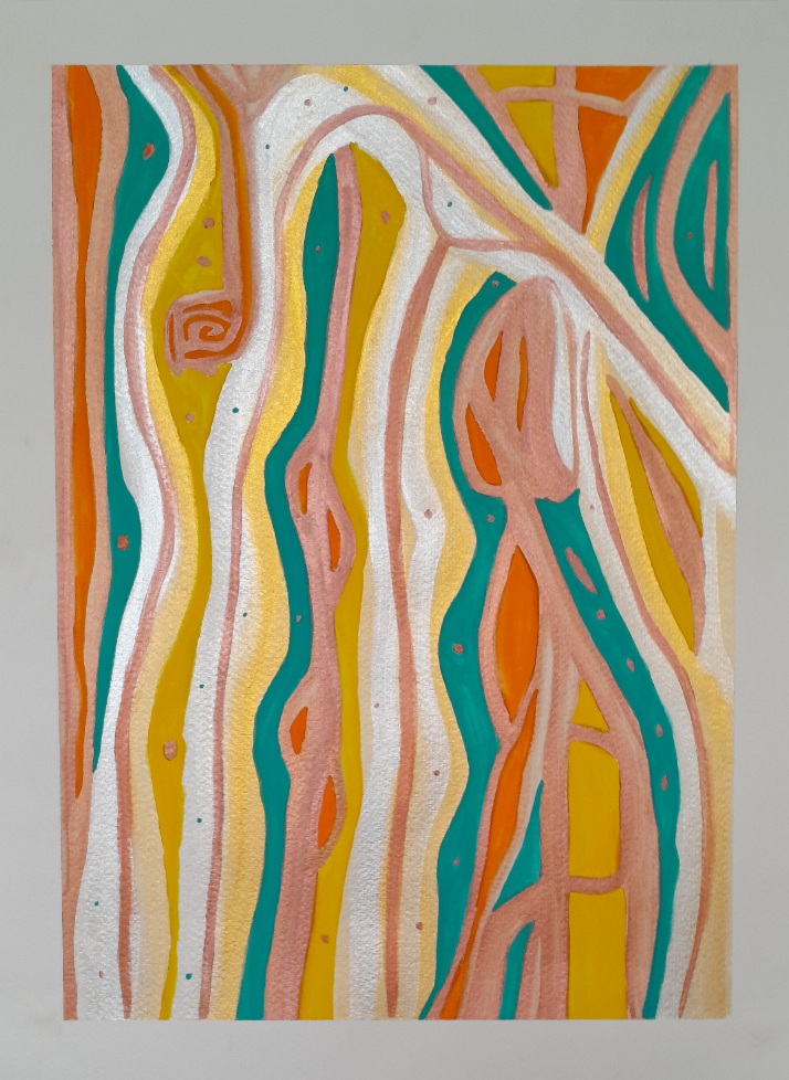 Abstract painting. Smooth lines in tourquise, gold, silver, copper, yellow, and orange