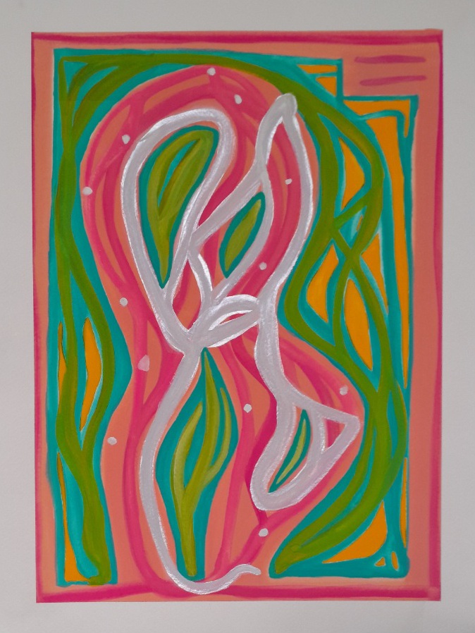 Abstract painting in pink, blue, green, yellow and silver. Makes me think of a flower, perhaps fuscia