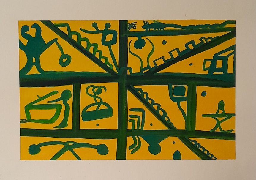 Abstract painting in yellow and blue green. The composition reminds me of a doodle.