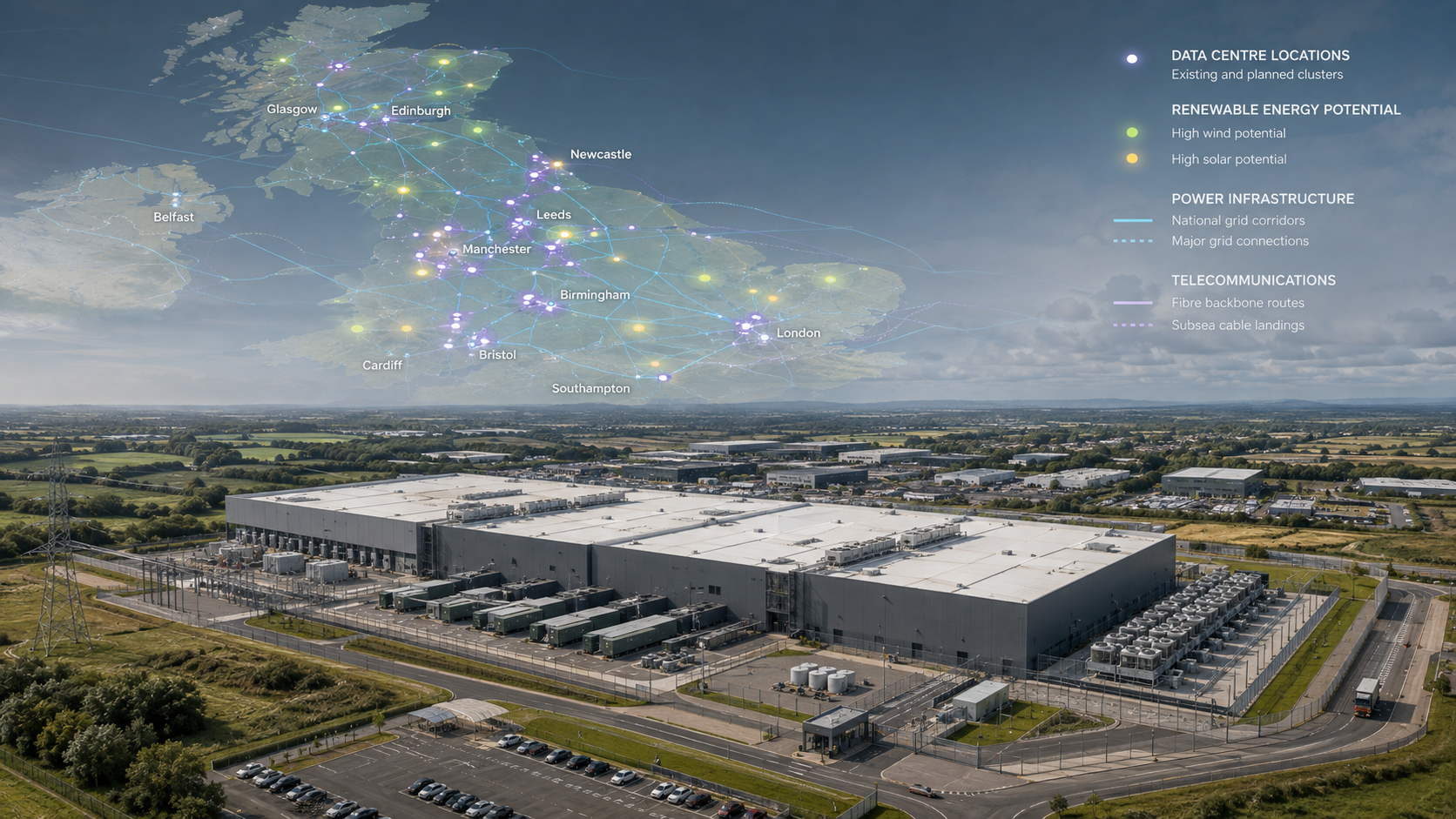 A collage of a data centre in the English countryside over a map of the British Isles showing where data centres are.