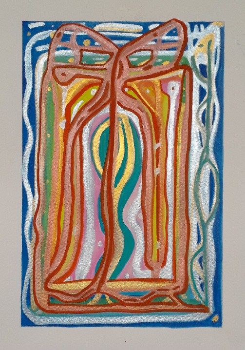 Abstract painting in silver, gold, copper, blue, green, red, and yellow. Shines when the light is on it. Feels otherworldly.