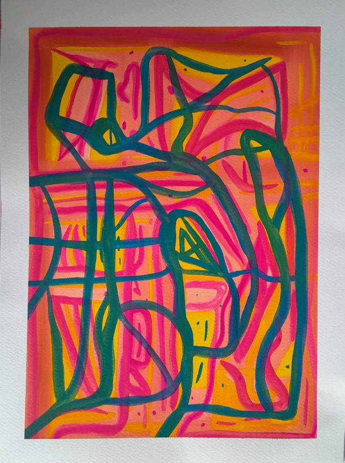 Abstract painting in red, blue, and yellow