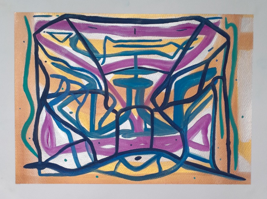Abstract painting, in gold, silver, green, blue, and violet.