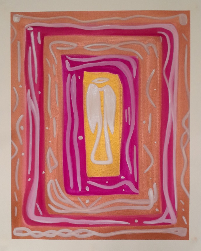 Abstract painting in violet, copper, gold, and white