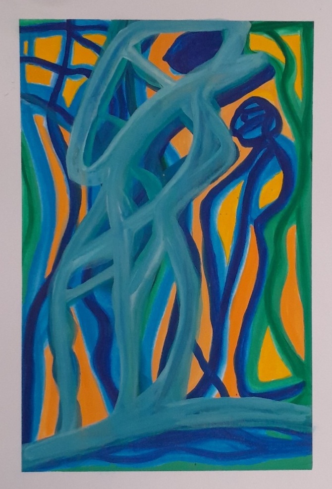 Abstract painting in green, yellow and blue