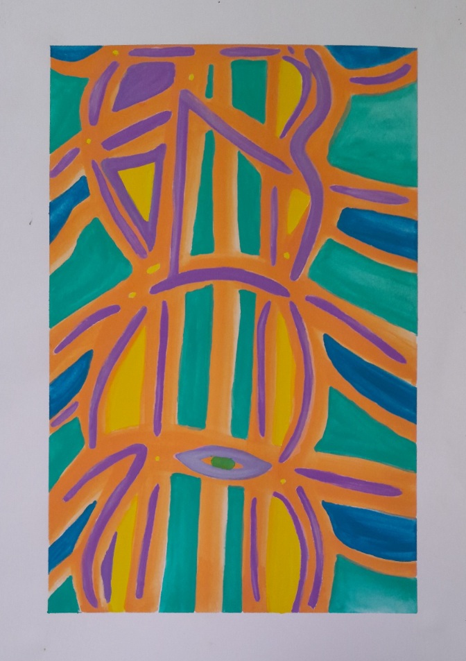 Abstract painting in orange, blue, yellow, orange, and tourquise. Flowing lines give the impression of an insect-like being.