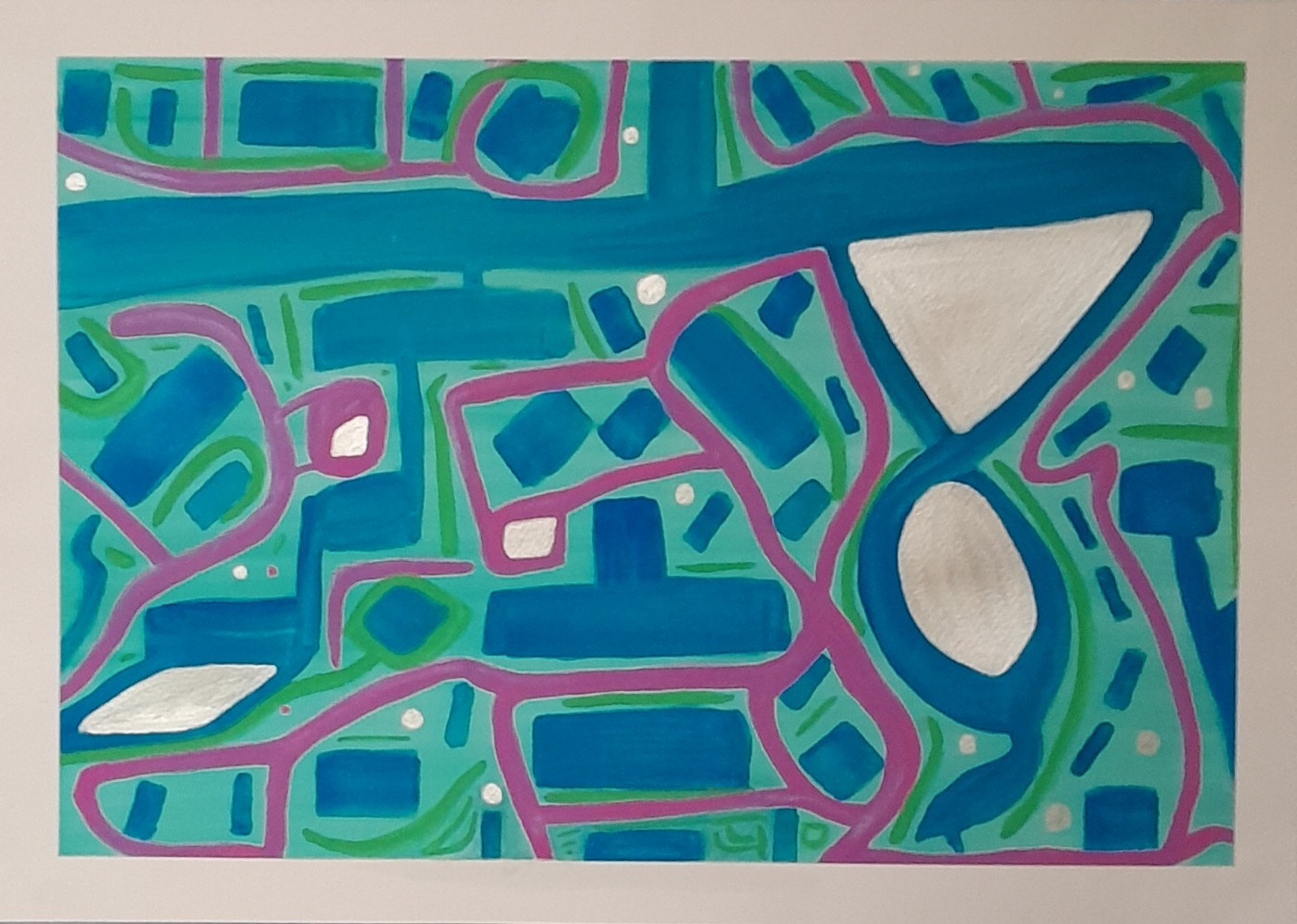 Abstract image in blue, violet, silver and green. Looks a bit like the aerial view of a city street or an electronic circuit.