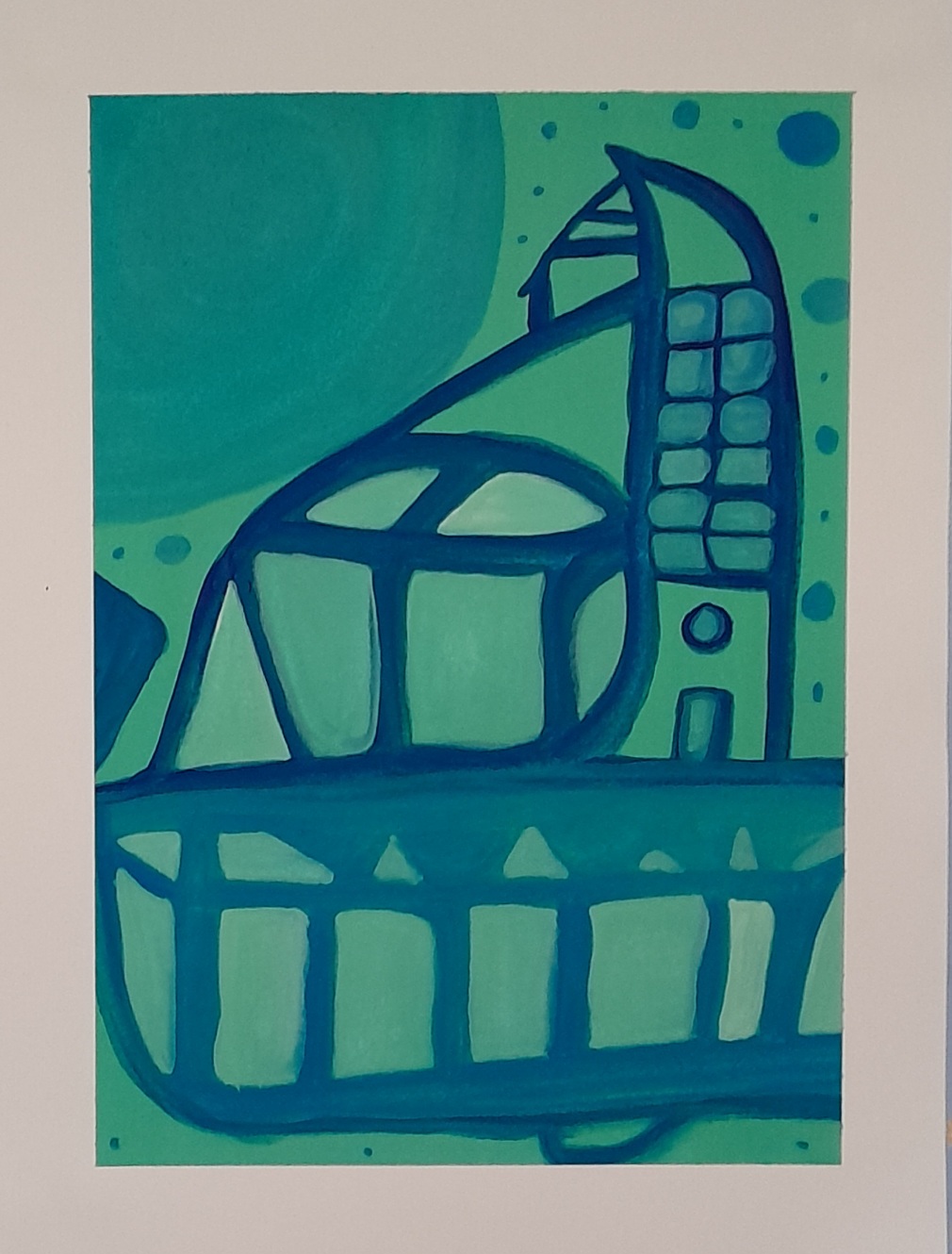 Abstract painting in blue and green. Gives the impression of architecture and a cat.