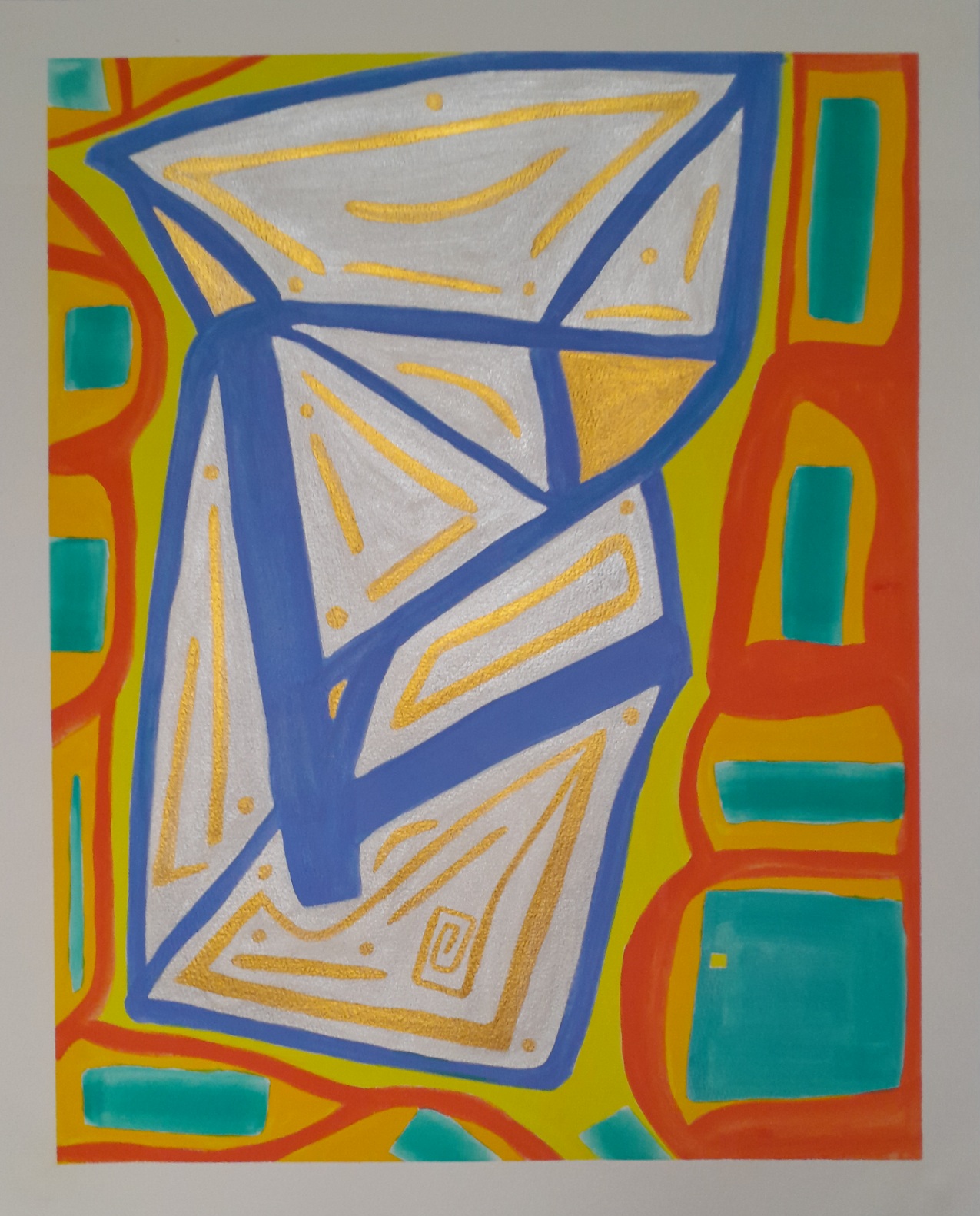 Absttact painting in gold, silver, blue, yellow, and red.
