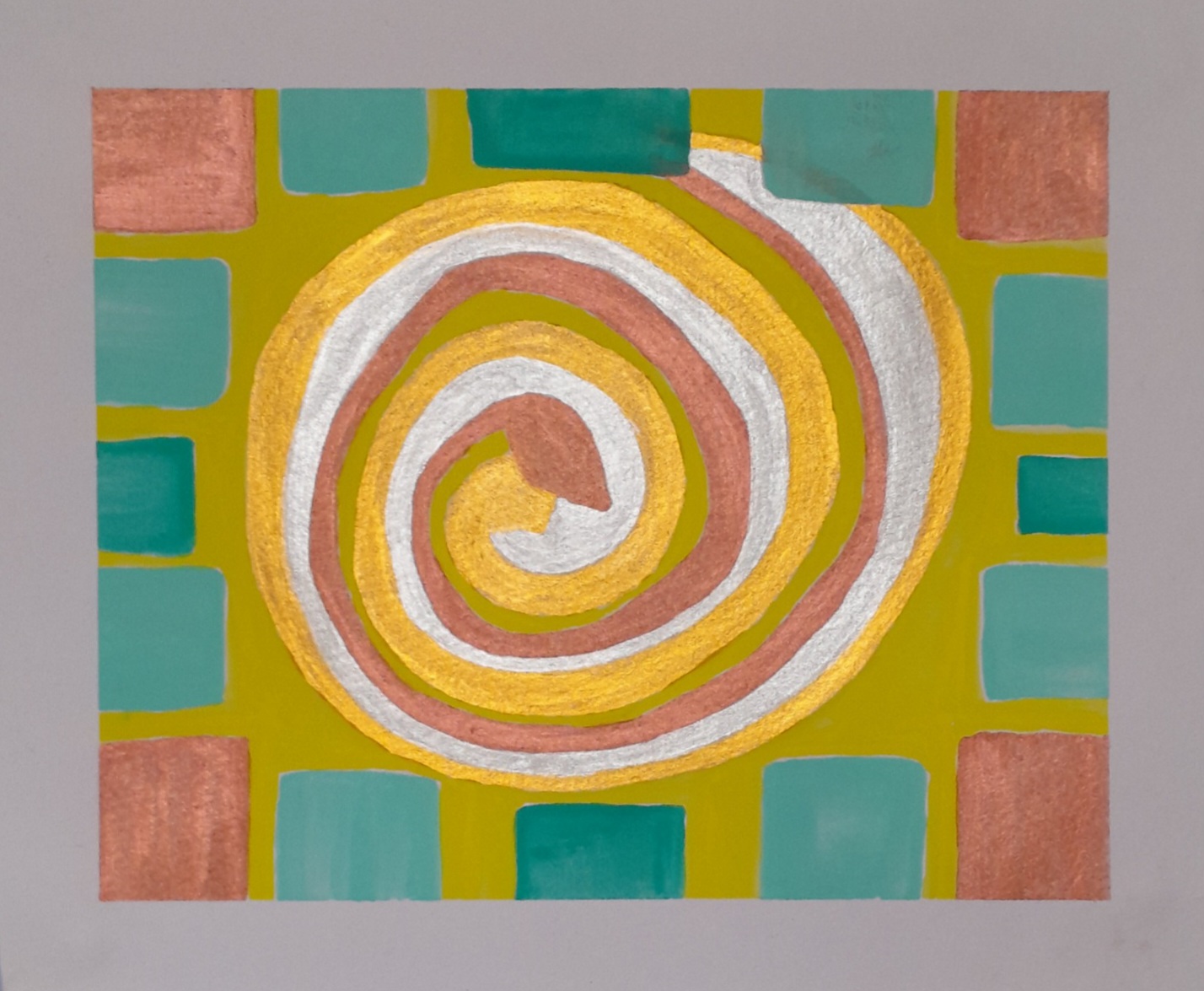 Abstract painting in gold, silver, copper, tourquise and yellow. Looks like two seedlings spiralling together, surrounded by colourful stones.