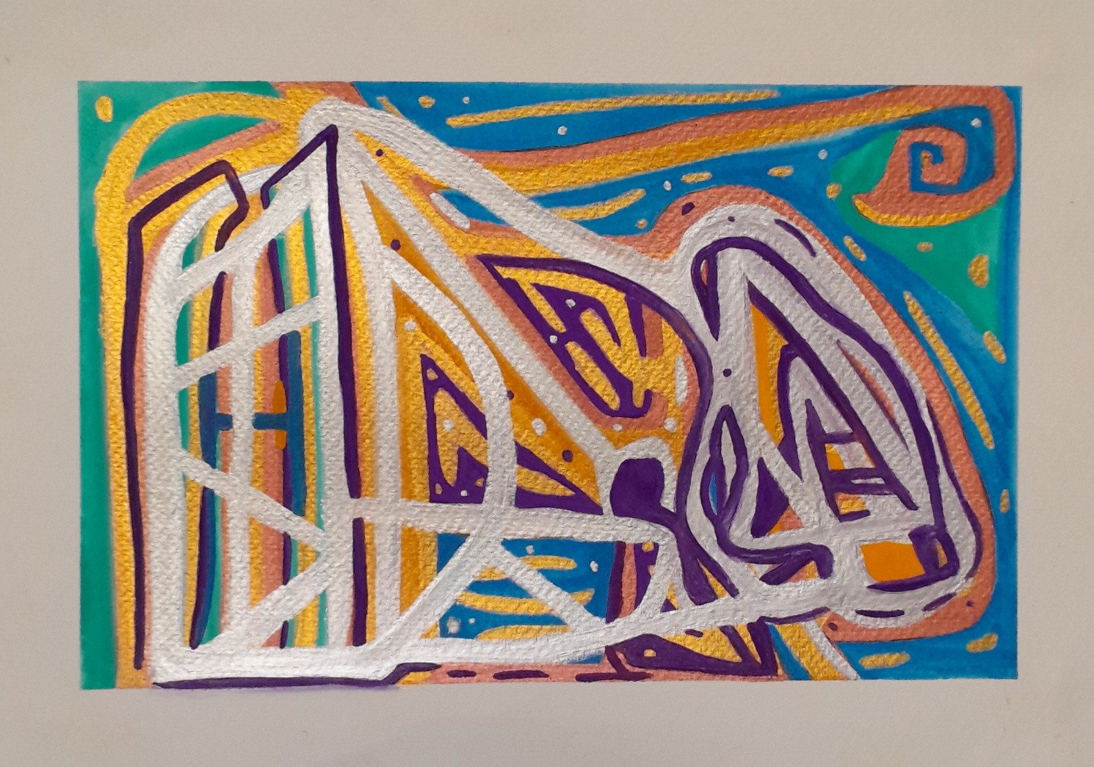 Abstract painting in gold, silver, copper, purple, blue, green, and yellow. Makes me think of a rainy day.