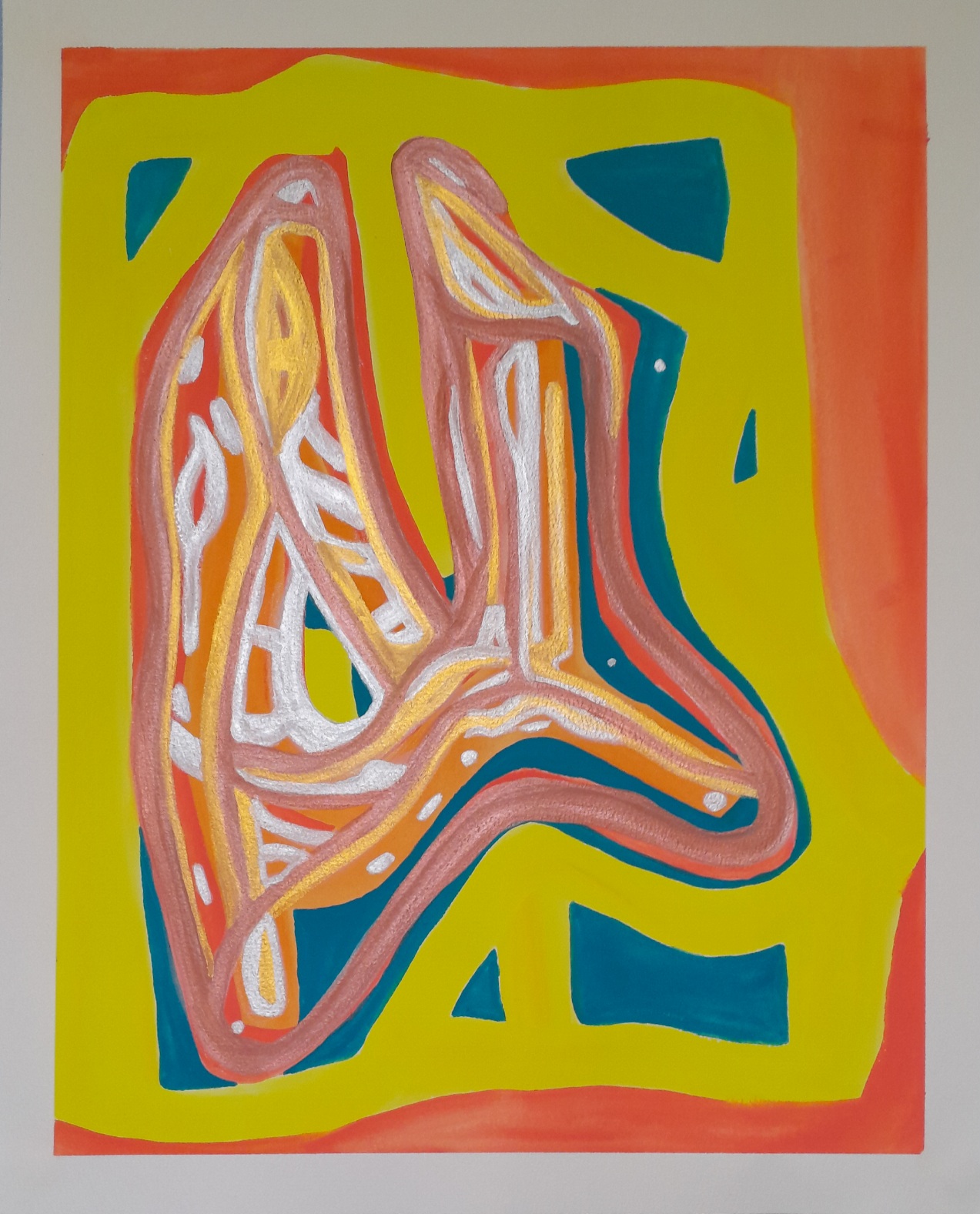 Abstract painting in orange, yellow, blue, copper, gold, and silver. Makes me think of mindfulness of breathing.