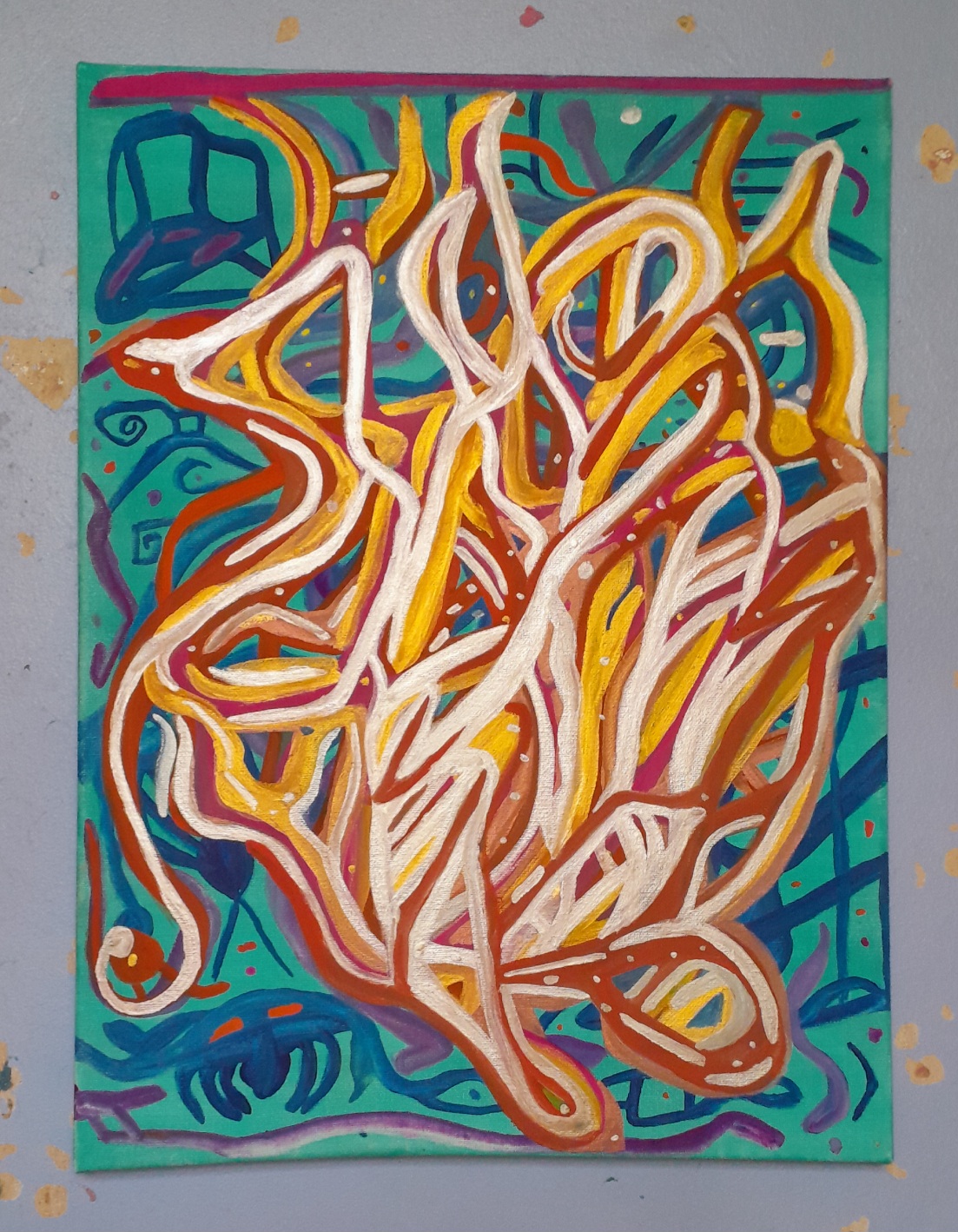An abstract painting, with red, copper, gold and silver over a light blue background, the shape of the lines make me think of fire.