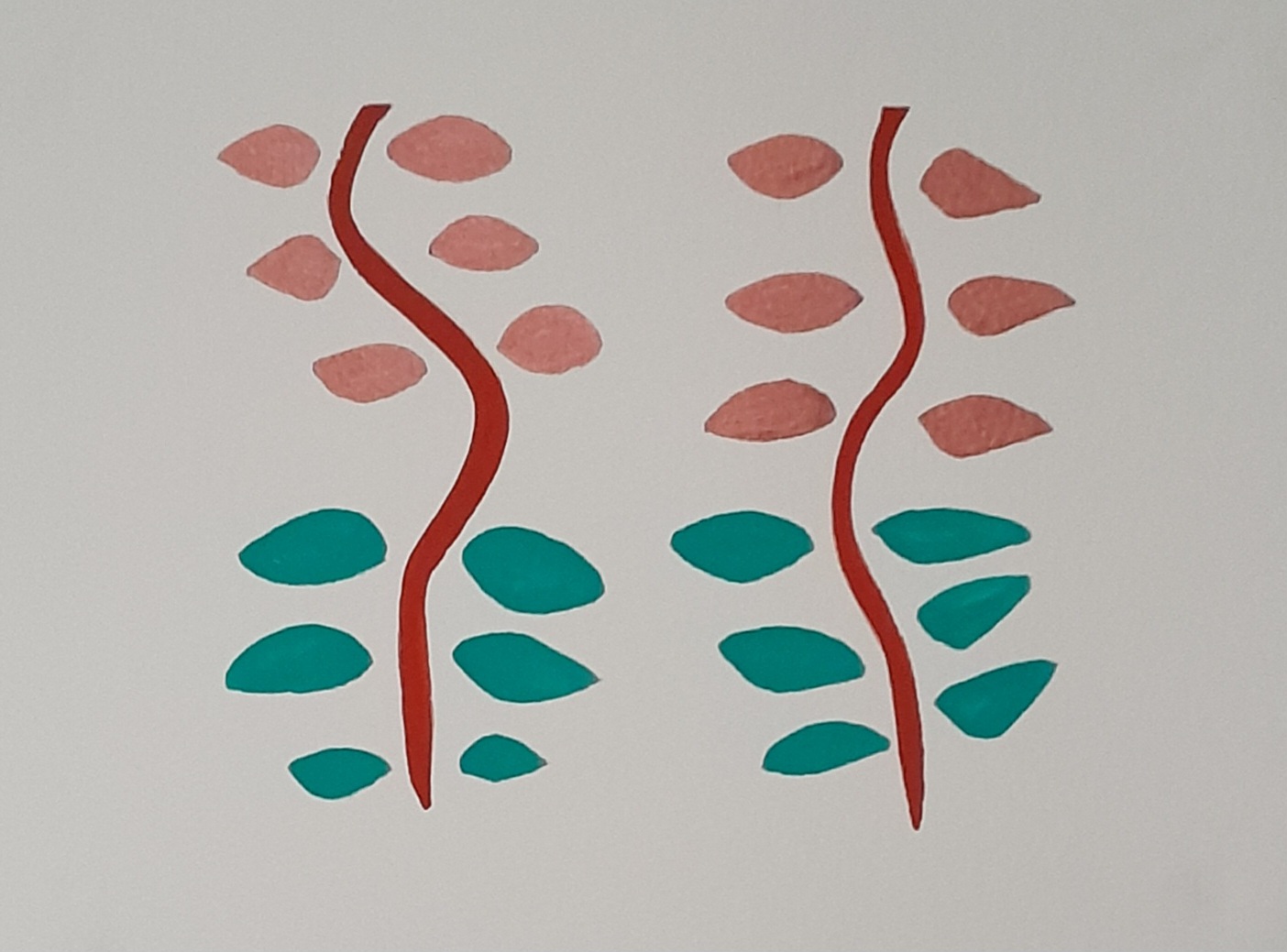 Simple painting of two branches in venetian red, with copper leaves at the top, and light tourquise leaves at the bottom