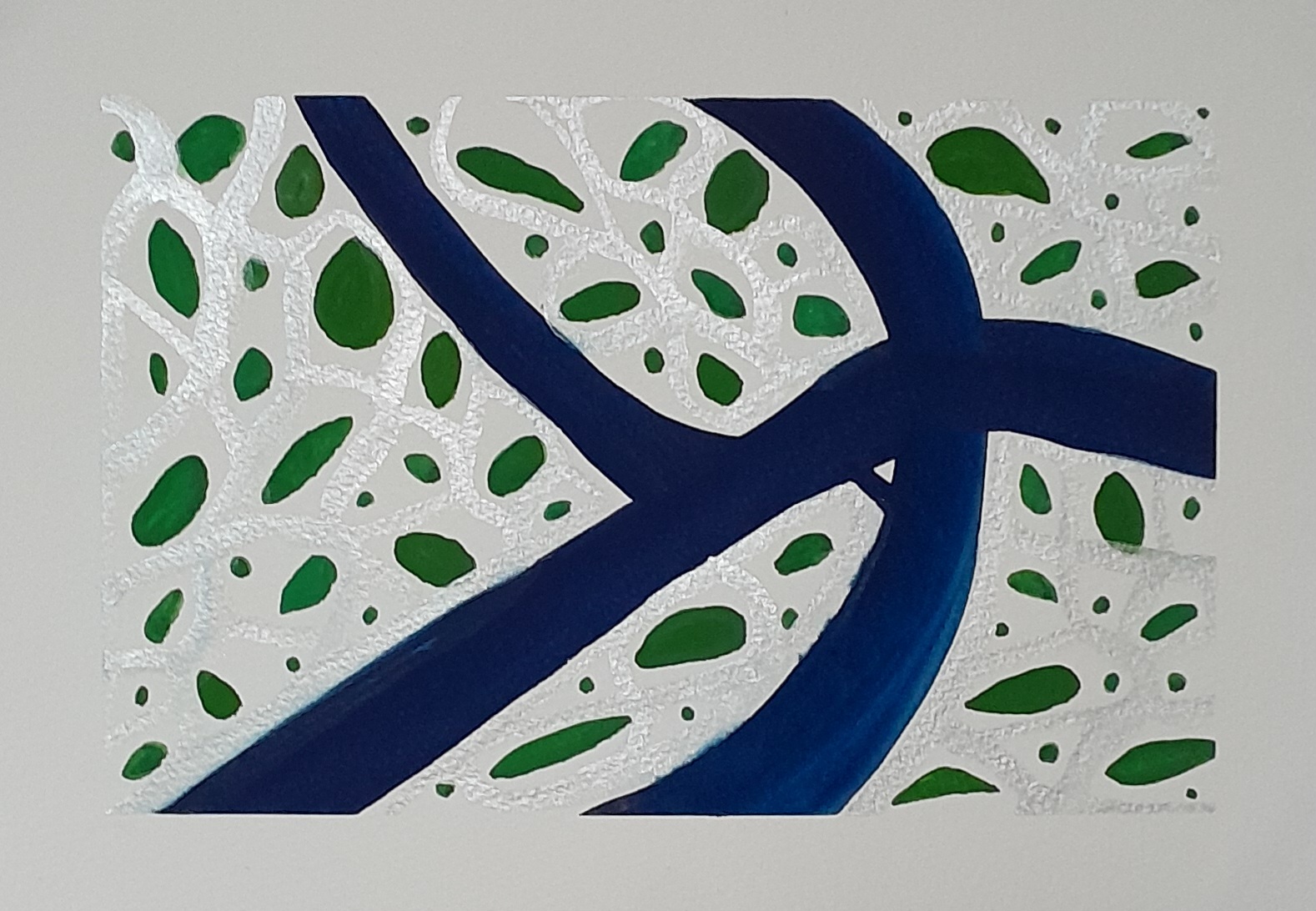An abstract painting in blue, green, and silver. Makes me think of wind blowing leaves on a tree, the silver is like the invisible air as it eddies and moves