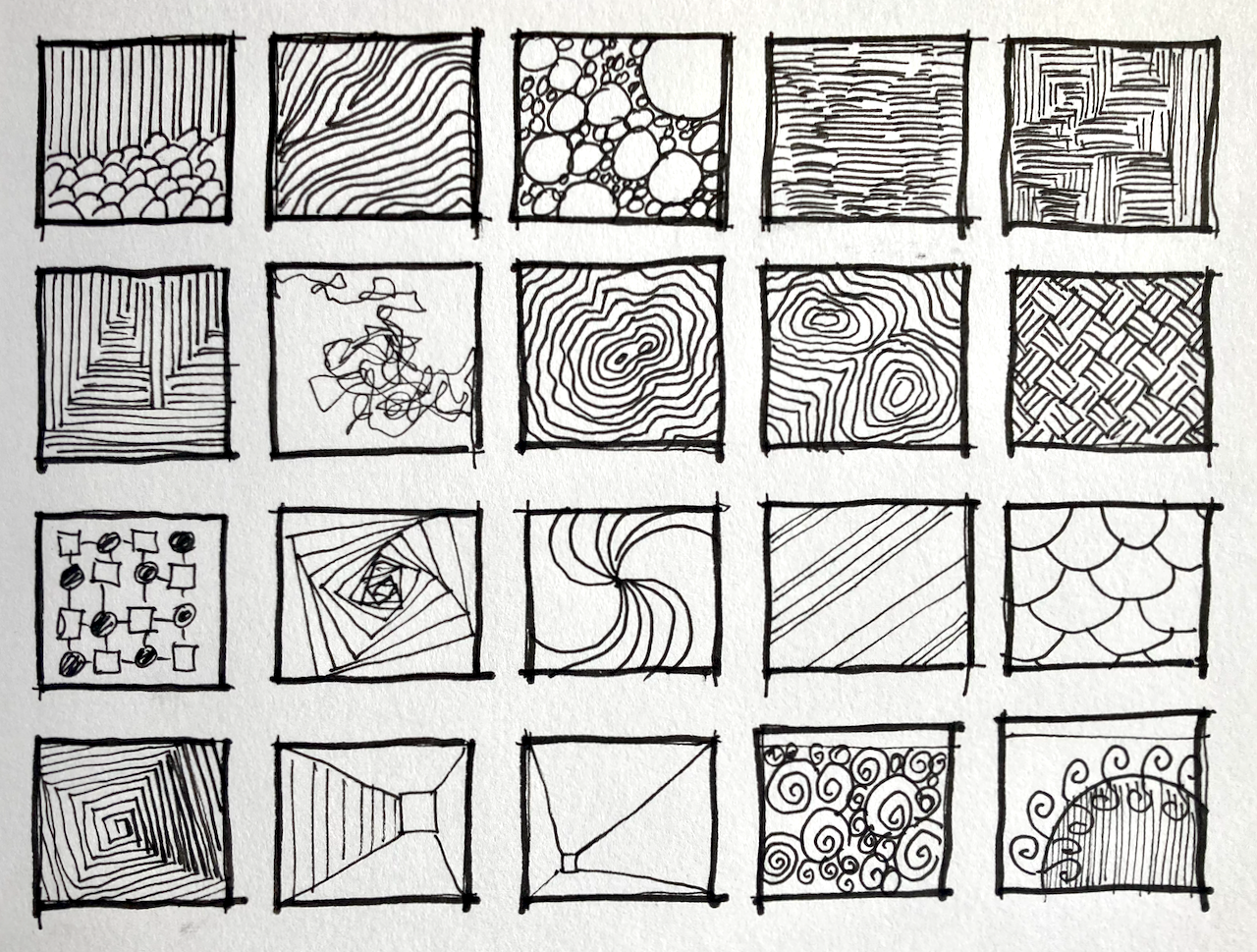 A drawing of a series of squares, each of which has been filled in with interesting lines and shapes to create lots of different textures. Lines, swirls, and slight variations in the pen lines give each square a really interesting and warm appearance.